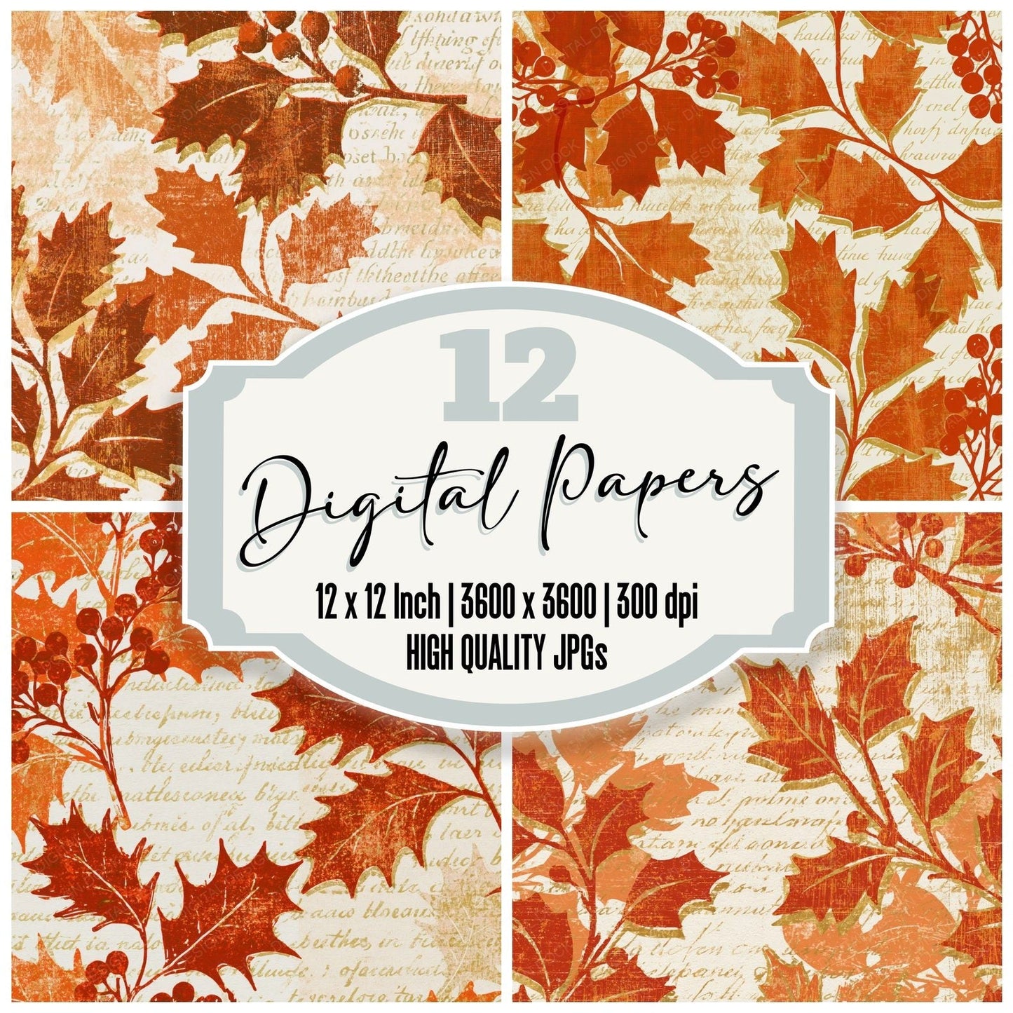 Woodcut Holly Burnt Orange Cream Digital Paper Pack (DDD014181)