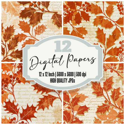 Woodcut Holly Burnt Orange Cream Digital Paper Pack (DDD014181)