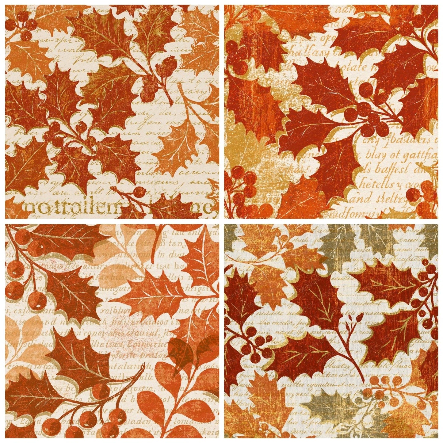 Woodcut Holly Burnt Orange Cream Digital Paper Pack (DDD014181)