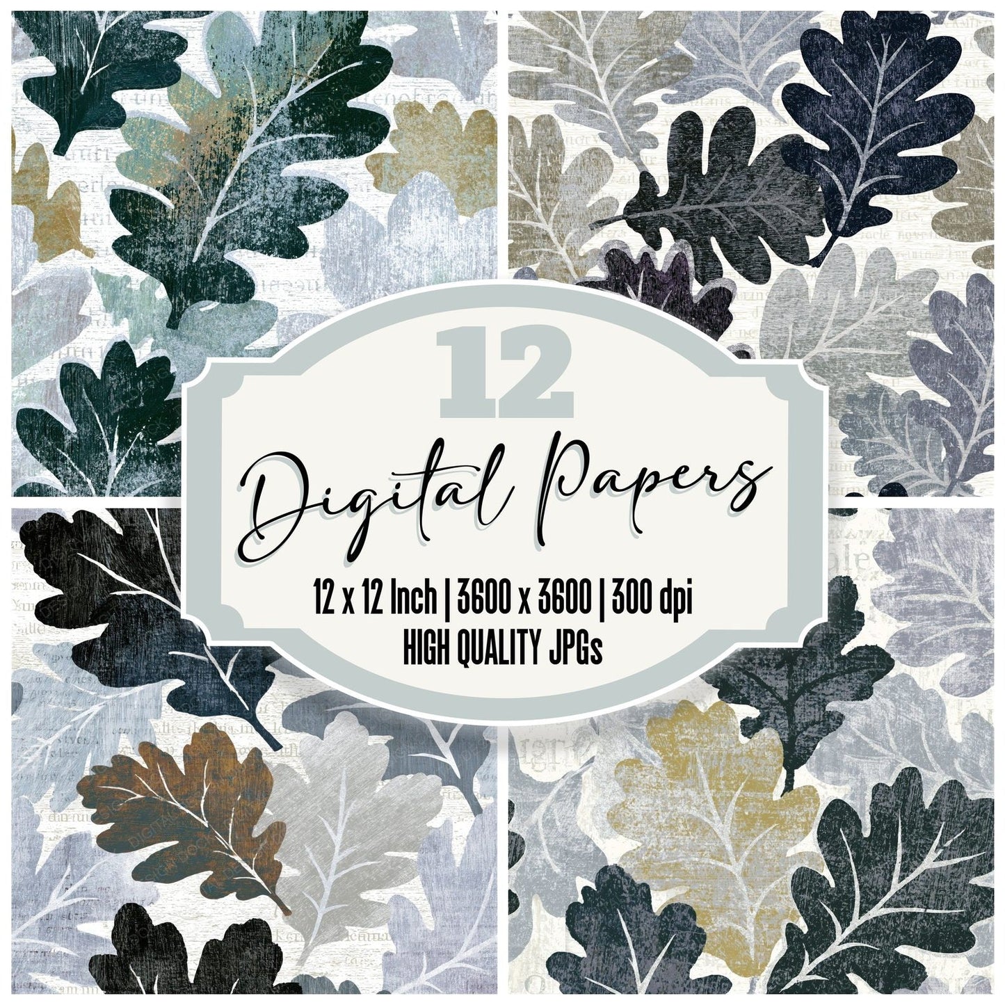 Woodcut Oak Leaves Silver Seamless Digital Paper Pack (DDD014183)