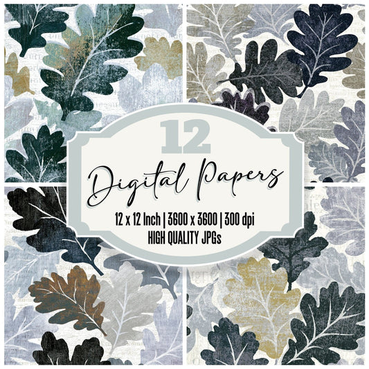 Woodcut Oak Leaves Silver Seamless Digital Paper Pack (DDD014183)