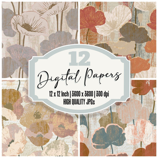 Woodcut Poppies Oyster Clay Seamless Digital Paper Pack (DDD014184)