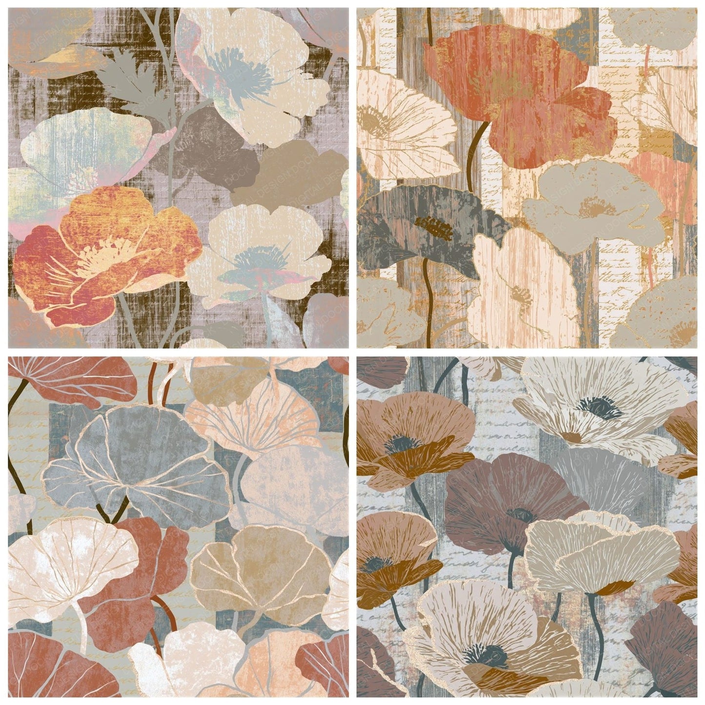 Woodcut Poppies Oyster Clay Seamless Digital Paper Pack (DDD014184)