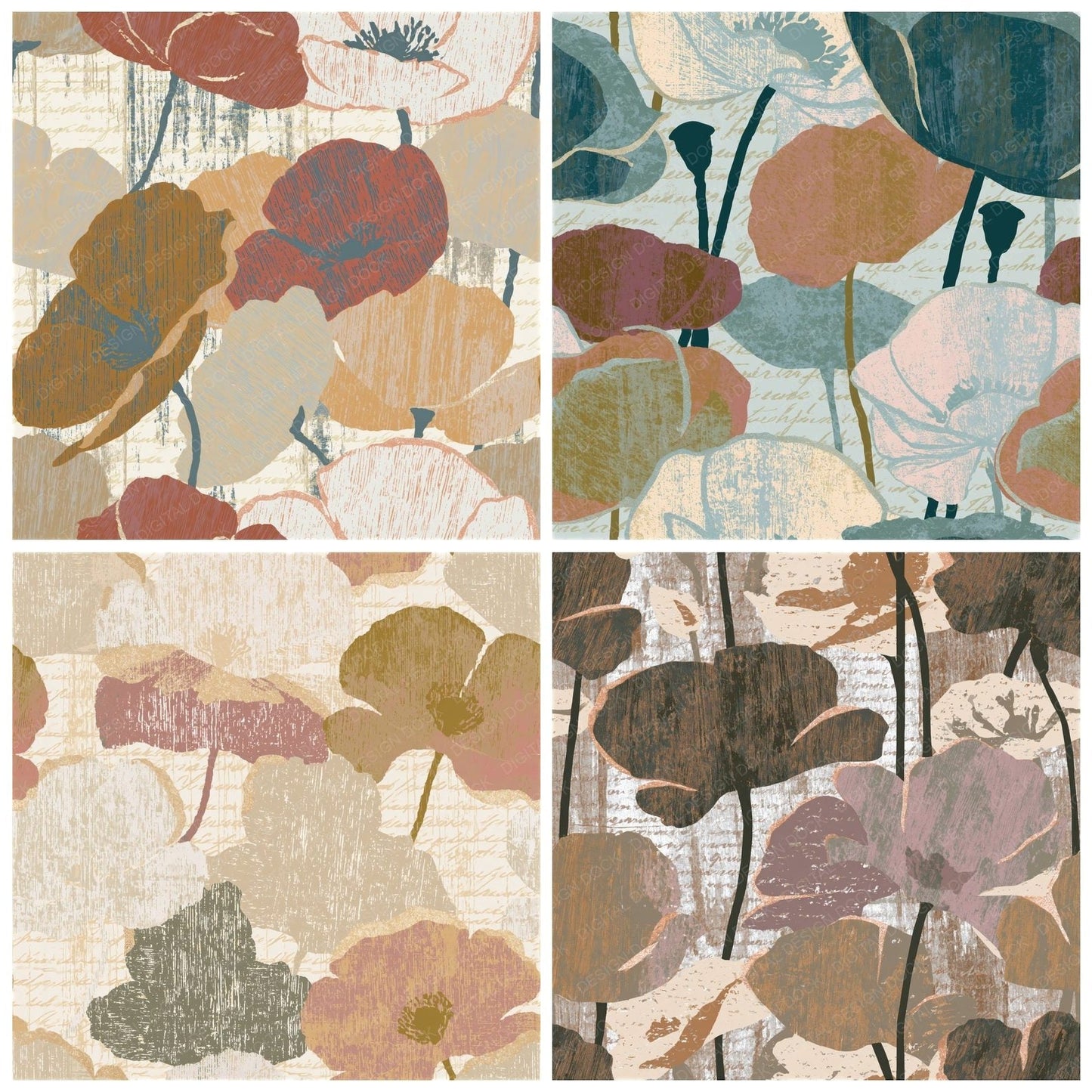 Woodcut Poppies Oyster Clay Seamless Digital Paper Pack (DDD014184)