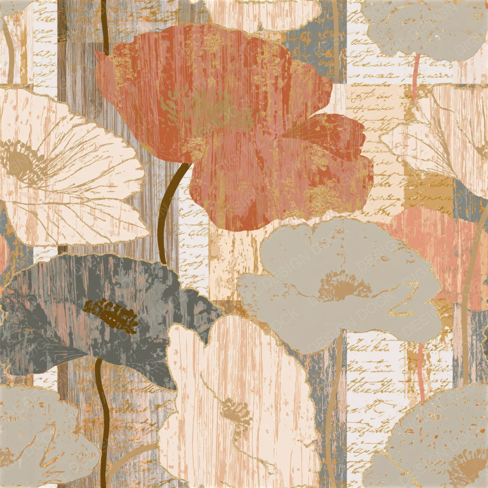 Woodcut Poppies Oyster Clay Seamless Digital Paper Pack (DDD014184)