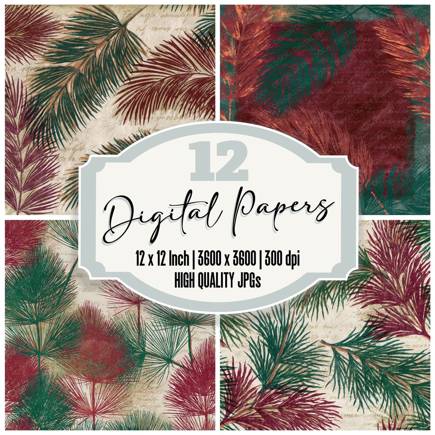 Etching Horsetail Malachite Burgundy Digital Paper Pack (DDD014186)