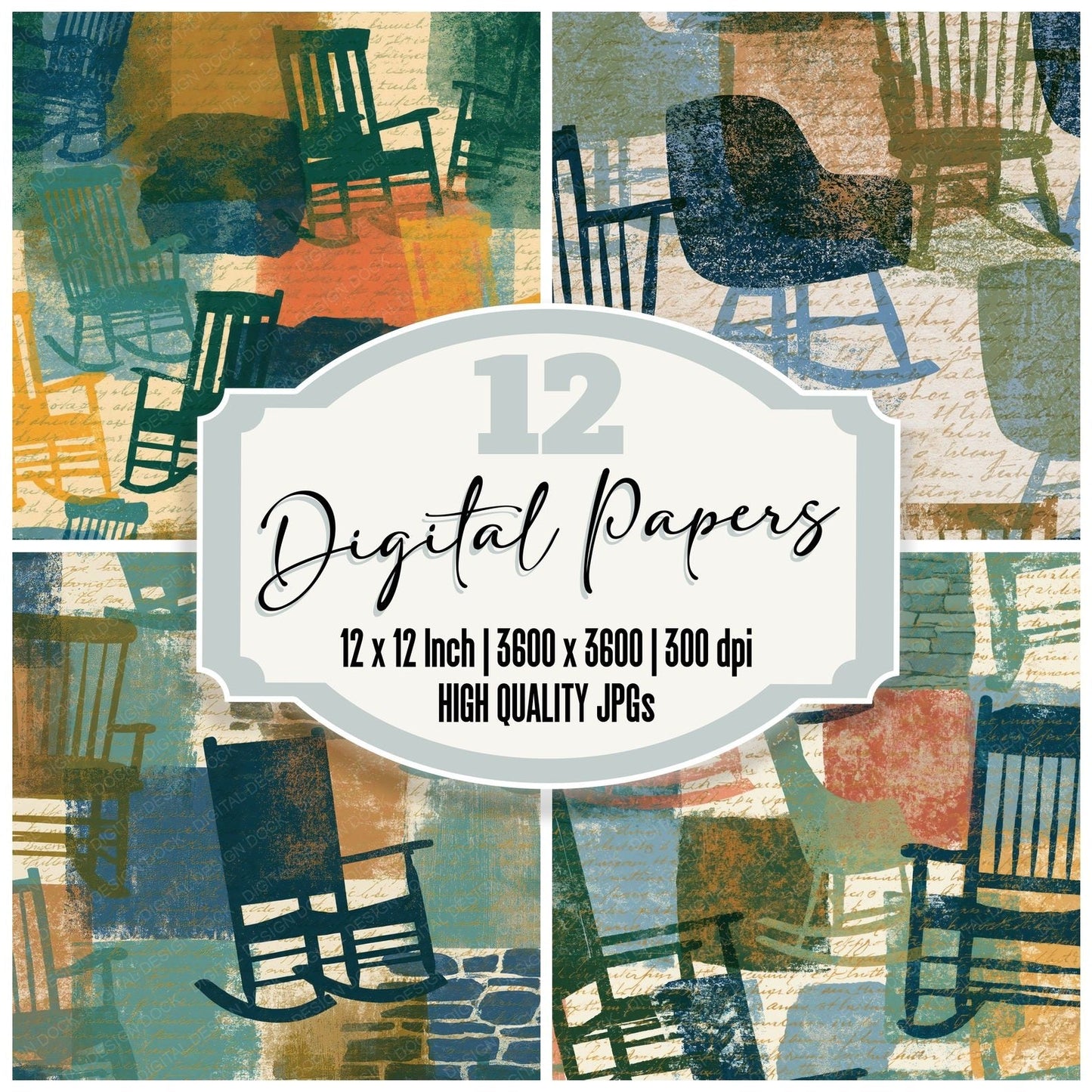 Etching Rocking Chairs Pine Stone Digital Paper Pack (DDD014187)
