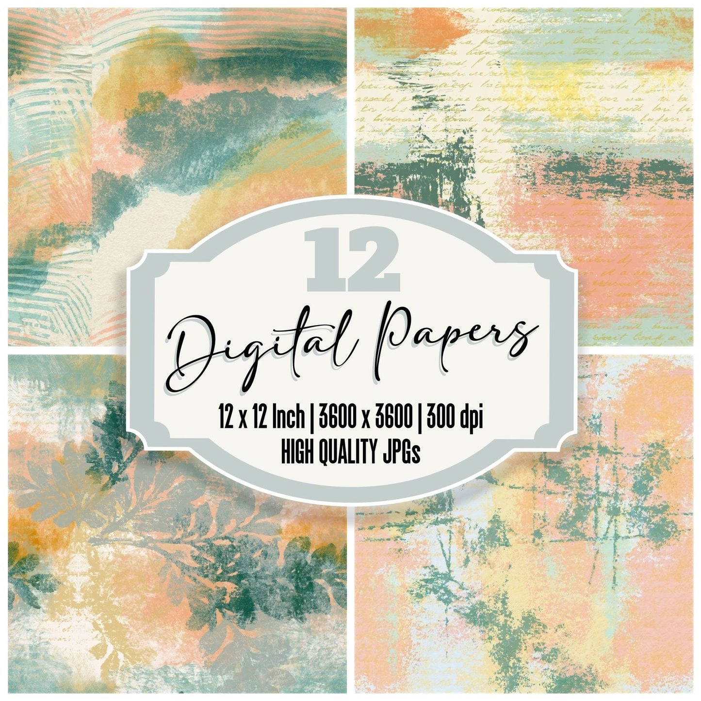 Linocut Peach Mint Butter Texture Seamless Digital Paper Pack (DDD014189)