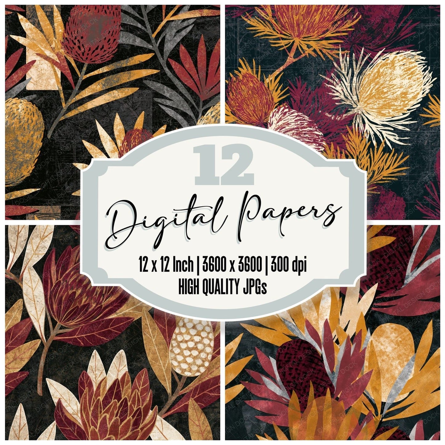 Scratchboard Banksia Rust Goldenrod Seamless Digital Paper Pack (DDD014194)