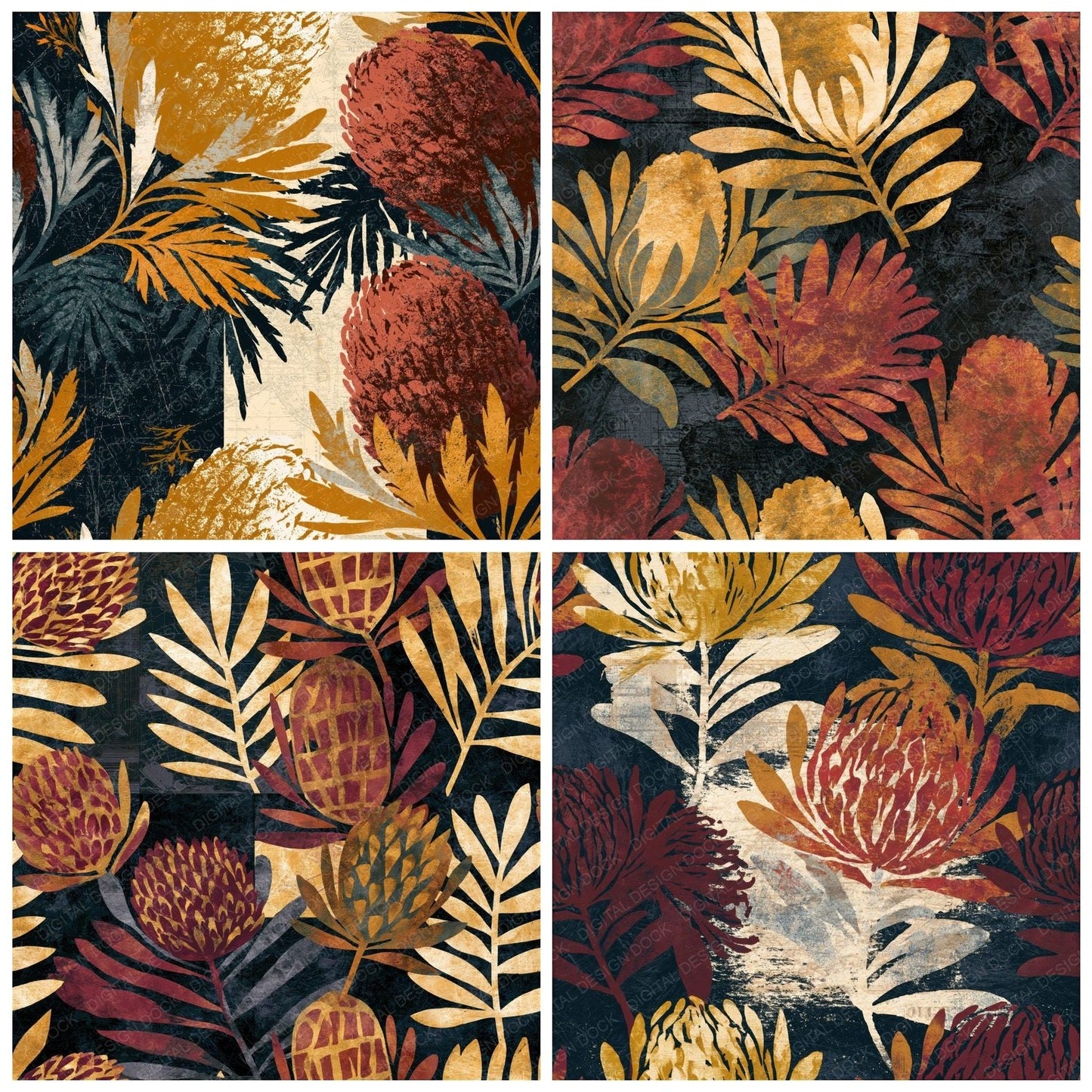 Scratchboard Banksia Rust Goldenrod Seamless Digital Paper Pack (DDD014194)