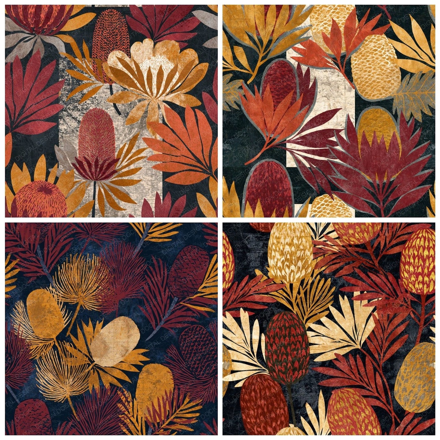 Scratchboard Banksia Rust Goldenrod Seamless Digital Paper Pack (DDD014194)