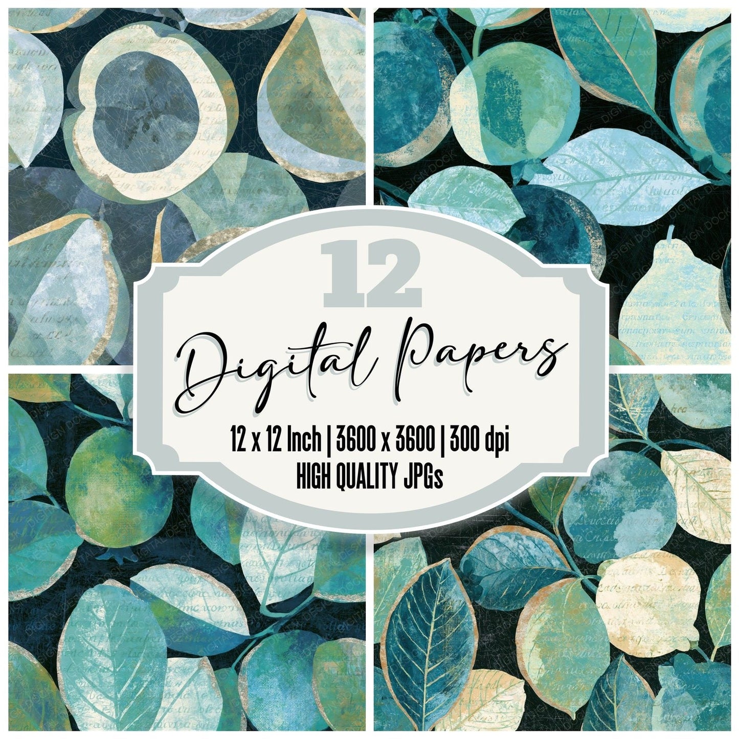 Scratchboard Guavas Seafoam Seamless Digital Paper Pack (DDD014195)