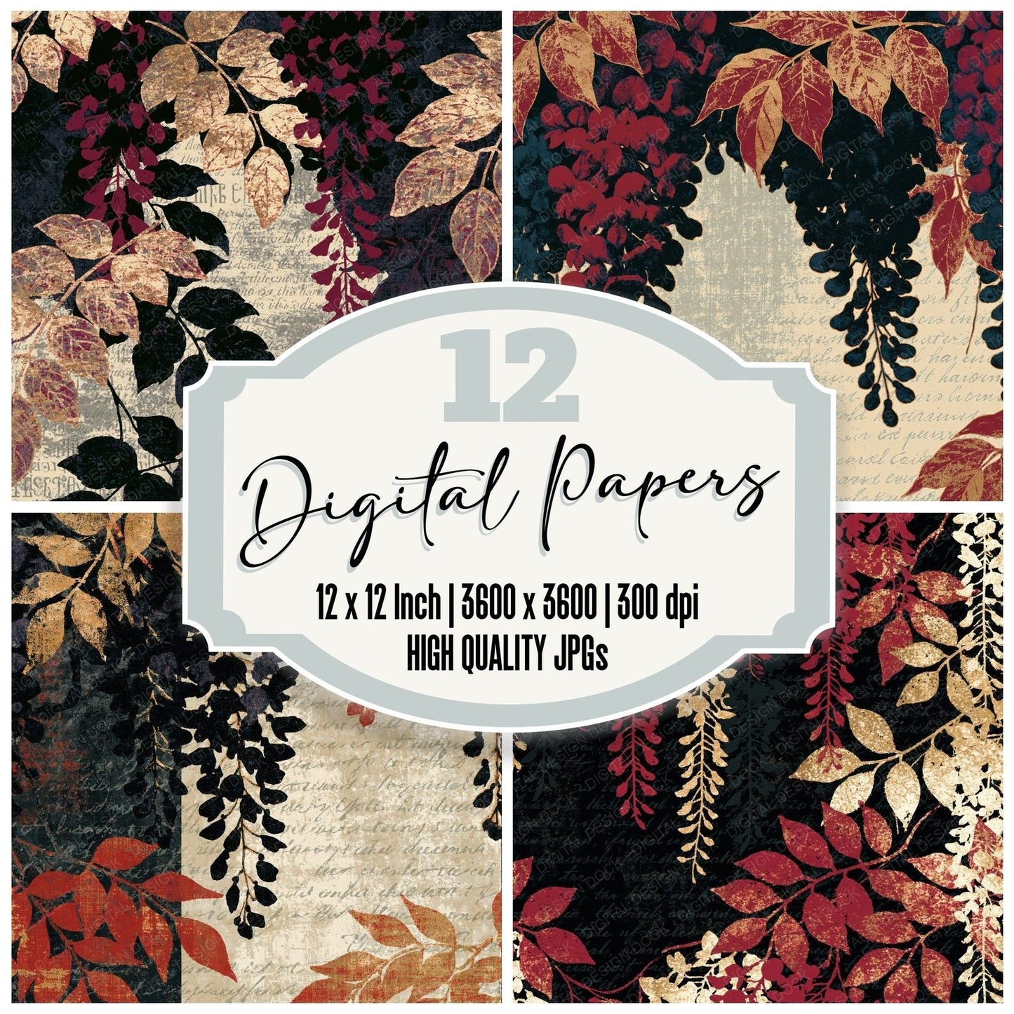 Screenprint Wisteria Black Ivory Oxblood Digital Paper Pack (DDD014198)