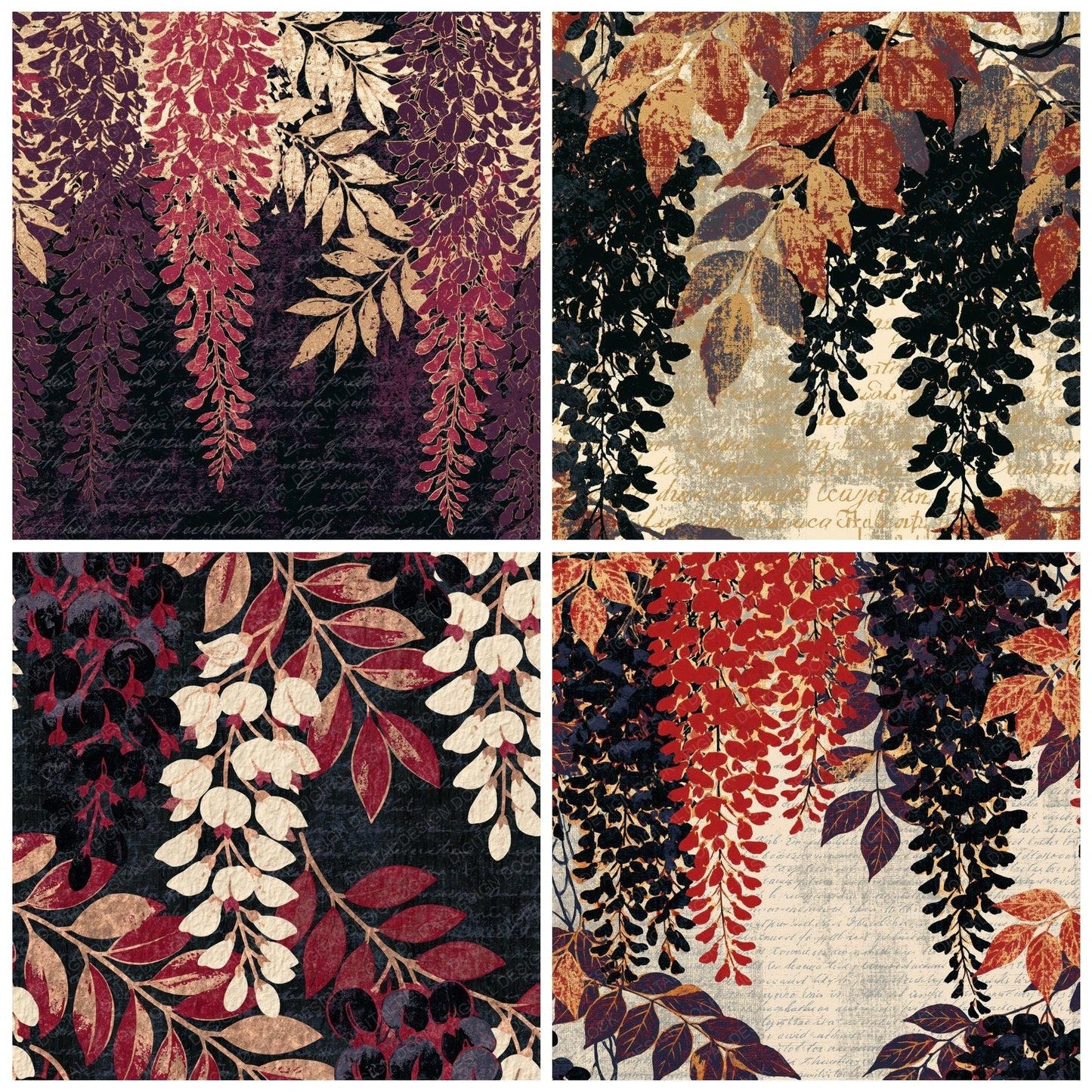 Screenprint Wisteria Black Ivory Oxblood Digital Paper Pack (DDD014198)