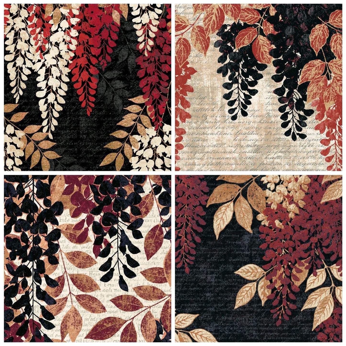 Screenprint Wisteria Black Ivory Oxblood Digital Paper Pack (DDD014198)