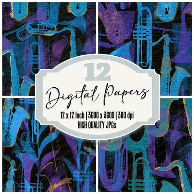 Woodblock Jazz Motifs Cyan Violet Seamless Digital Paper Pack (DDD014200)