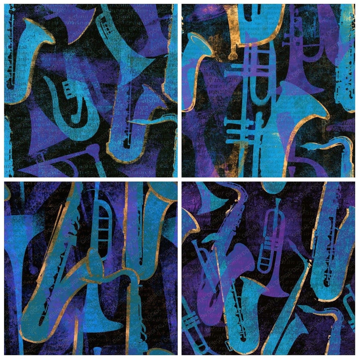 Woodblock Jazz Motifs Cyan Violet Seamless Digital Paper Pack (DDD014200)