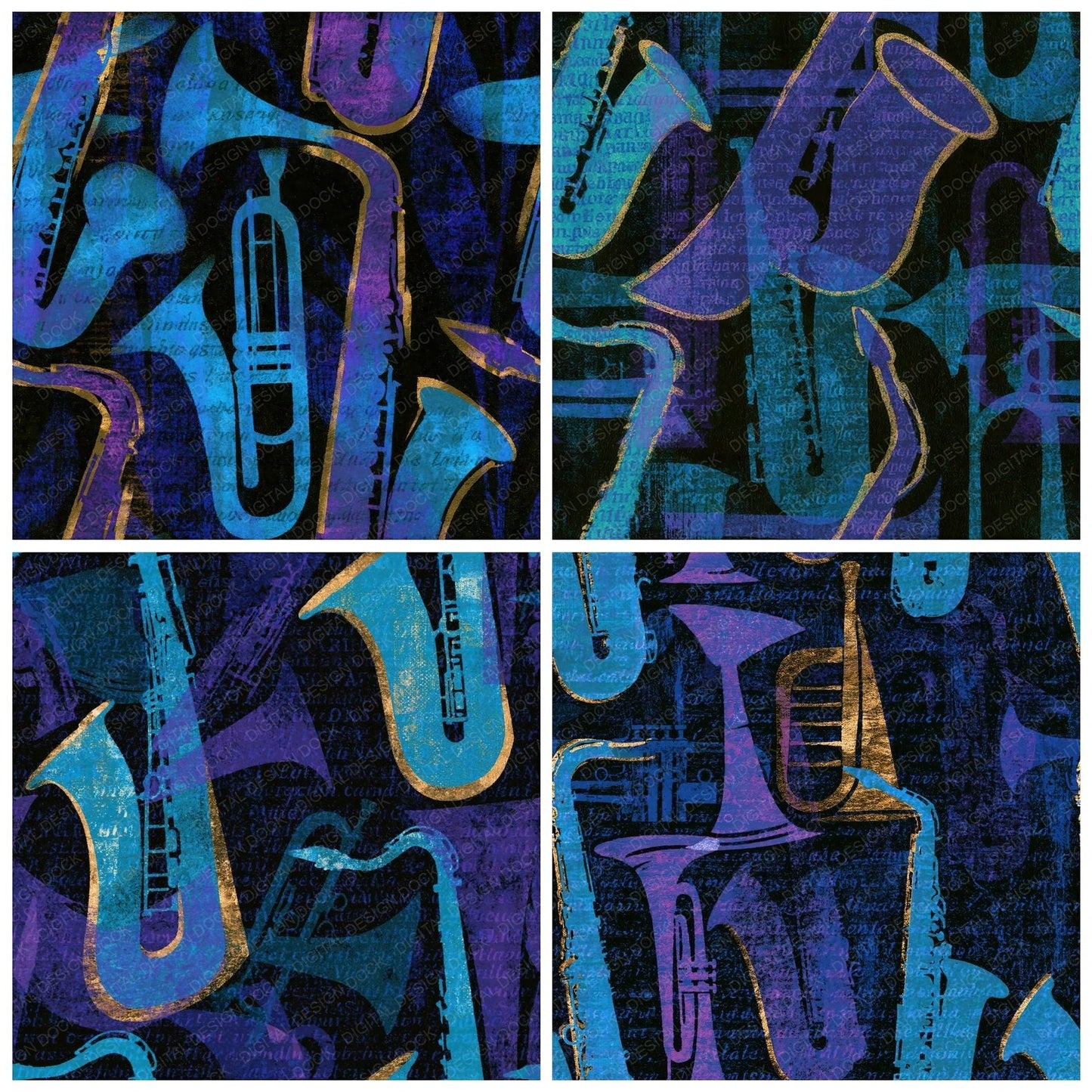 Woodblock Jazz Motifs Cyan Violet Seamless Digital Paper Pack (DDD014200)