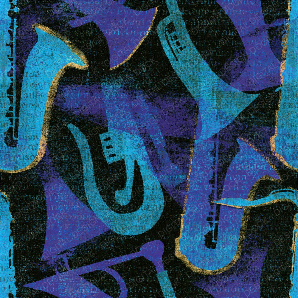 Woodblock Jazz Motifs Cyan Violet Seamless Digital Paper Pack (DDD014200)