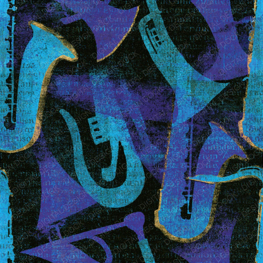 Woodblock Jazz Motifs Cyan Violet Seamless Digital Paper Pack (DDD014200)