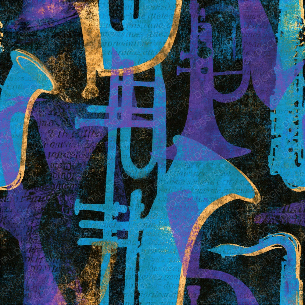 Woodblock Jazz Motifs Cyan Violet Seamless Digital Paper Pack (DDD014200)