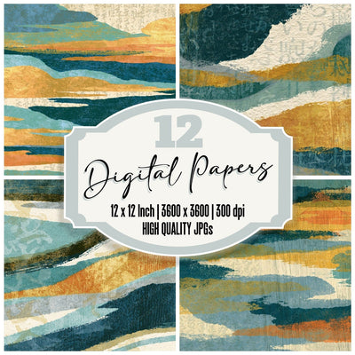 Woodcut Mint Gold Abstract Digital Paper Pack (DDD014203)