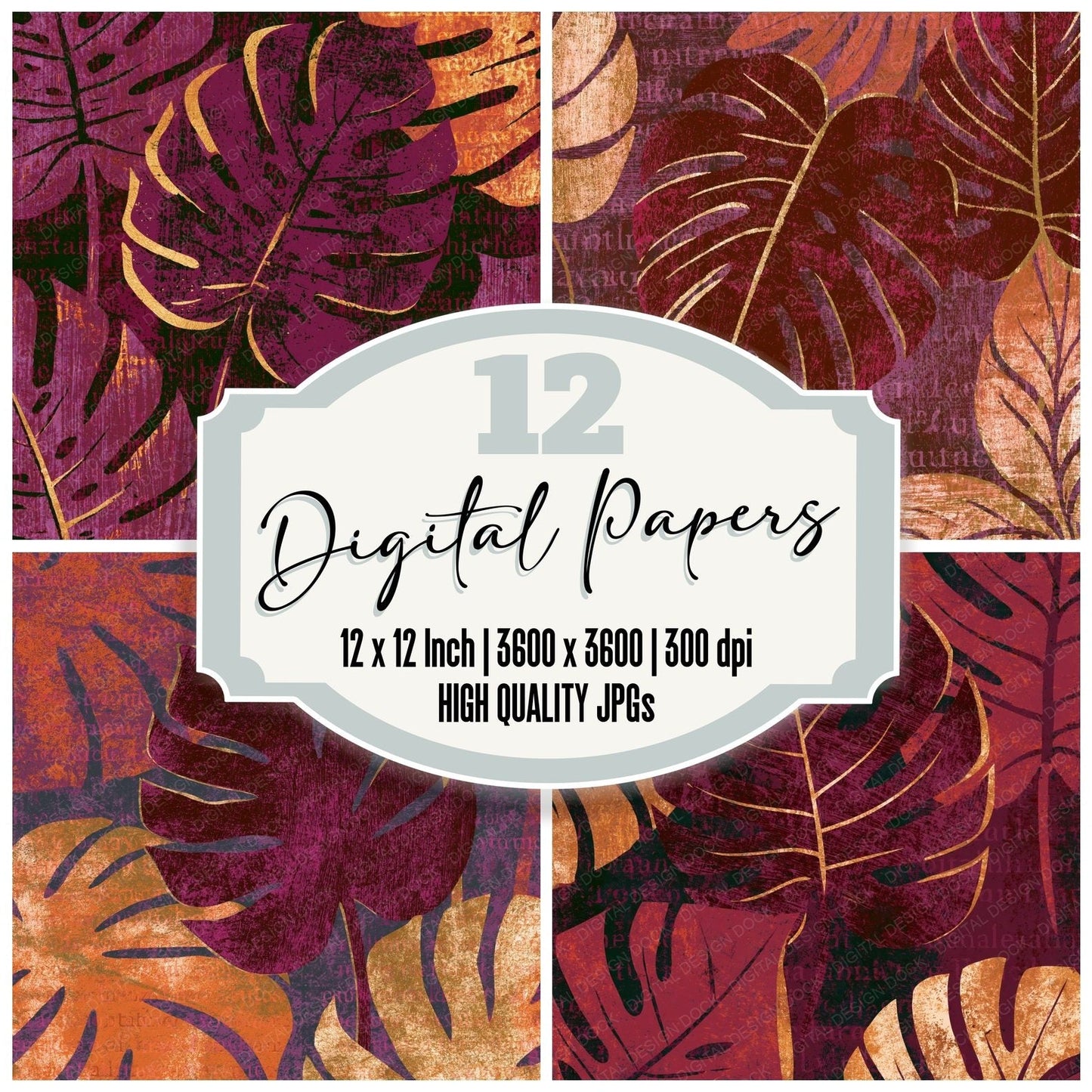 Woodcut Philodendron Oxblood Copper Digital Paper Pack (DDD014204)