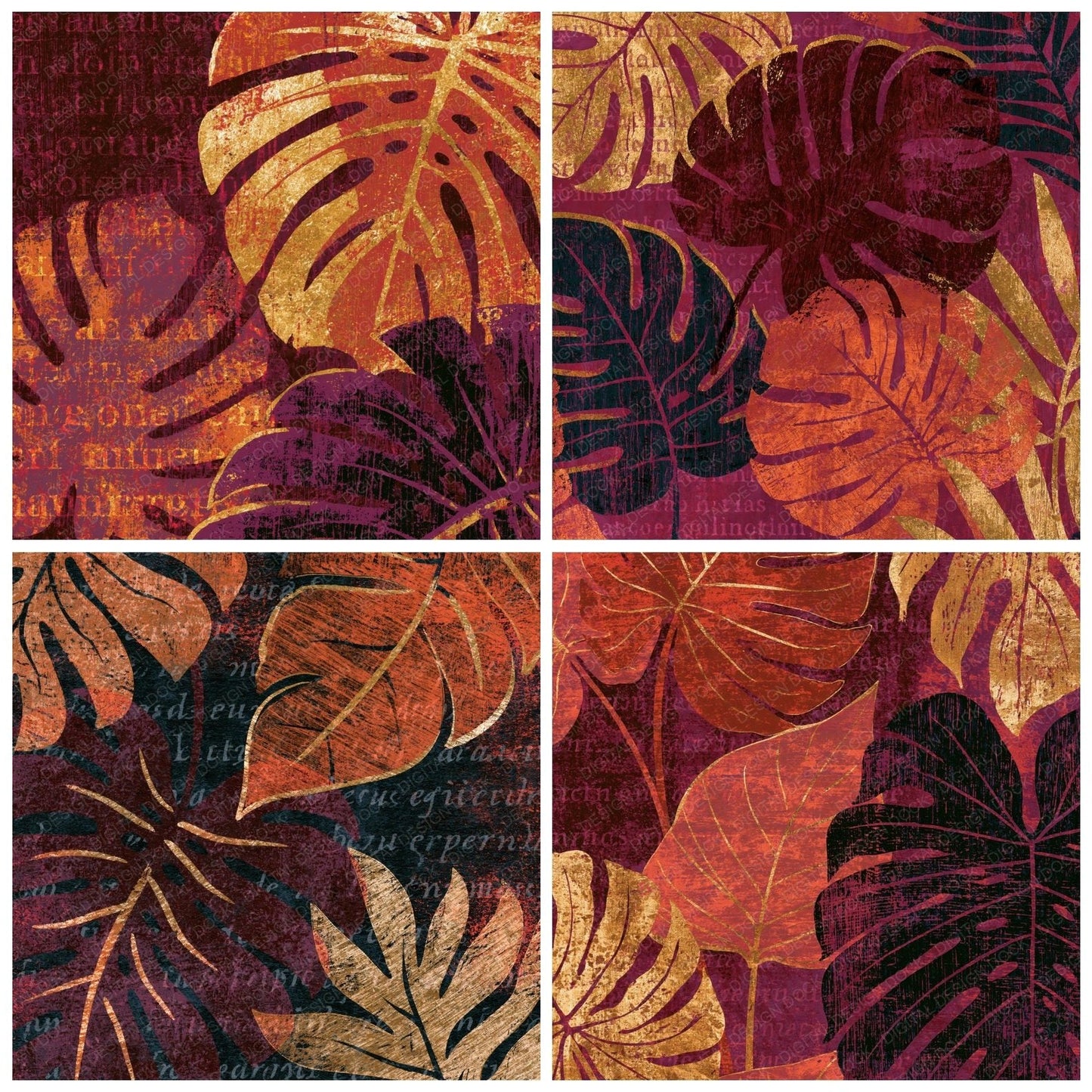 Woodcut Philodendron Oxblood Copper Digital Paper Pack (DDD014204)