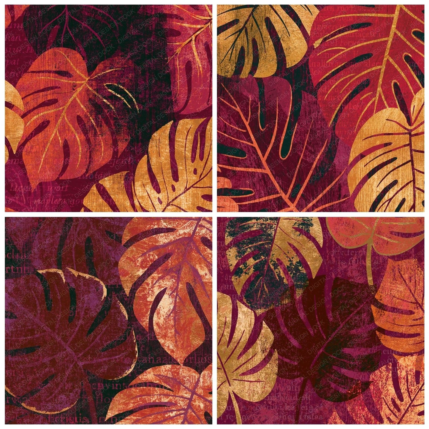 Woodcut Philodendron Oxblood Copper Digital Paper Pack (DDD014204)
