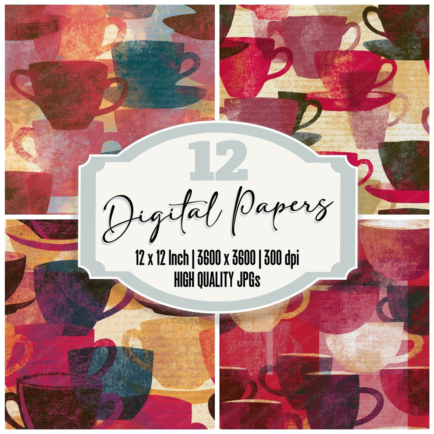 Etching Coffee Cups Cherry Ivory Seamless Digital Paper Pack (DDD014205)