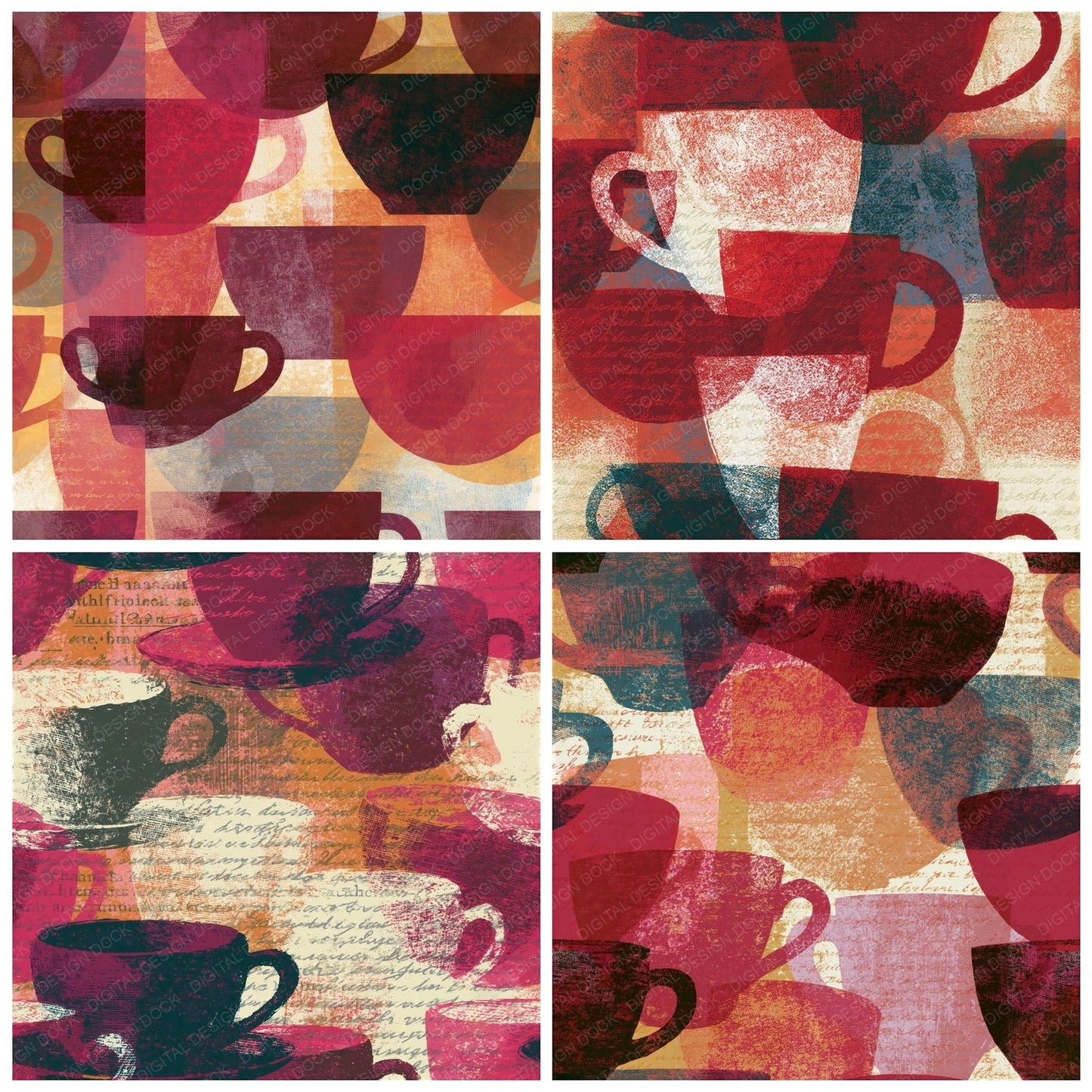 Etching Coffee Cups Cherry Ivory Seamless Digital Paper Pack (DDD014205)