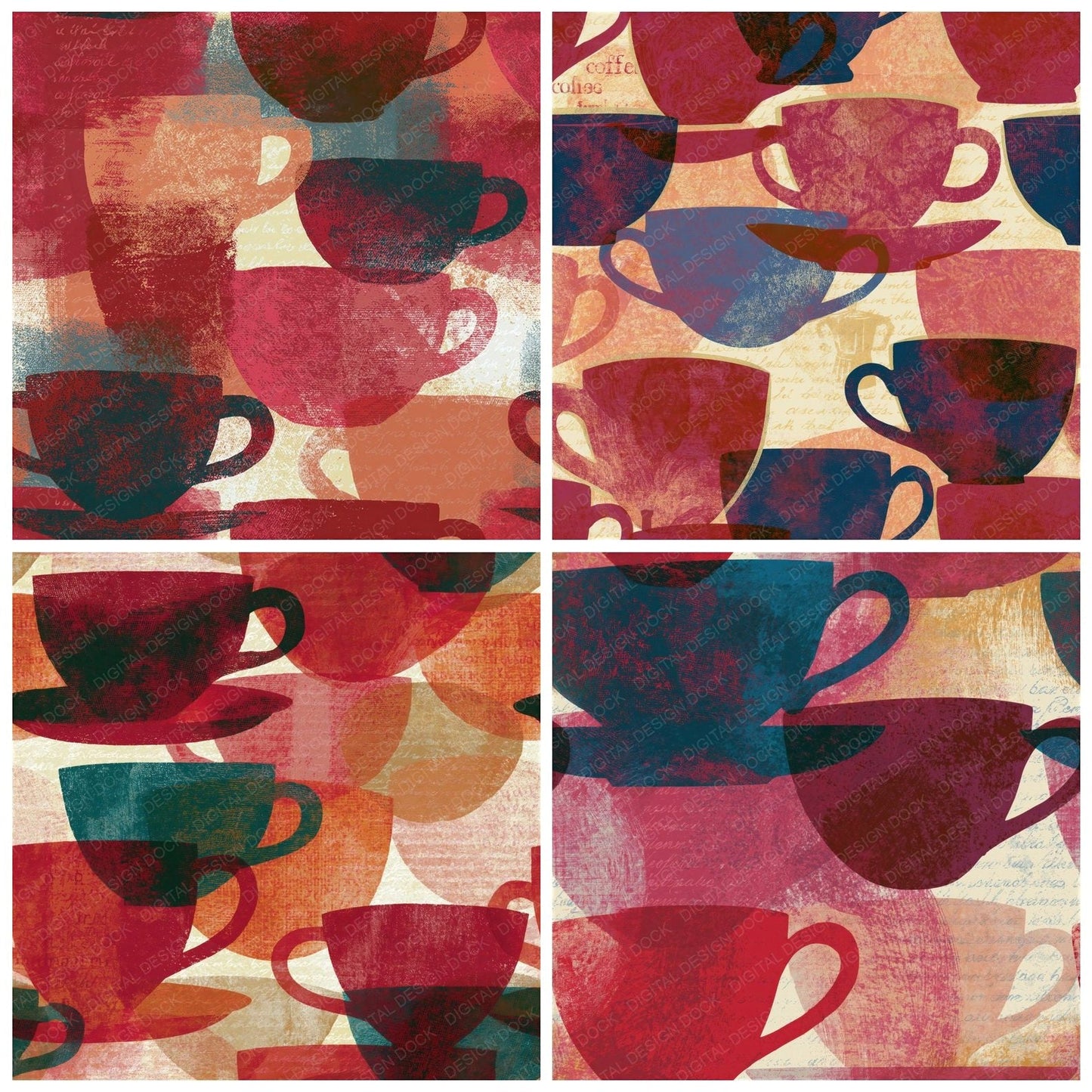 Etching Coffee Cups Cherry Ivory Seamless Digital Paper Pack (DDD014205)