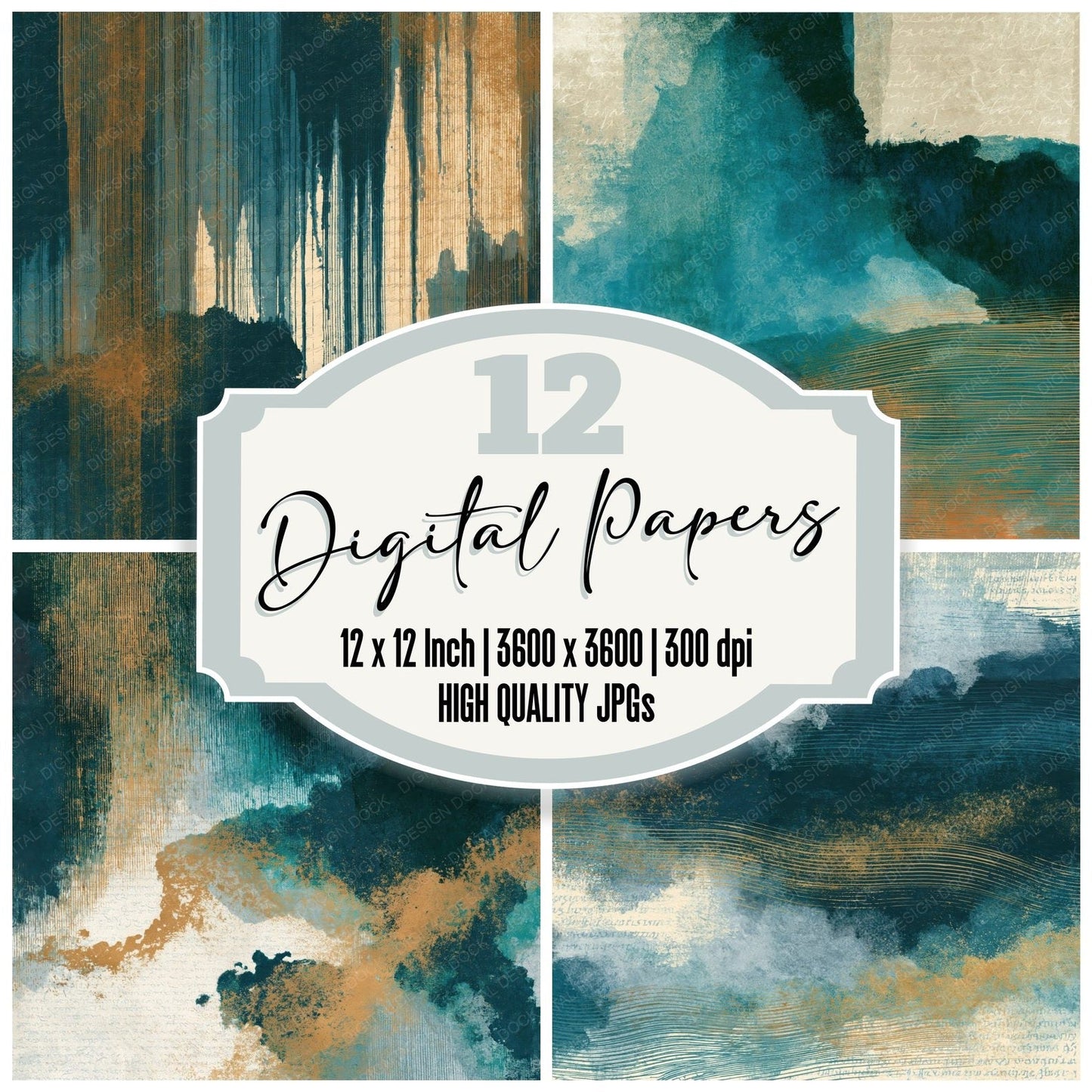 Etching Teal Bone Abstract Digital Paper Pack (DDD014207)