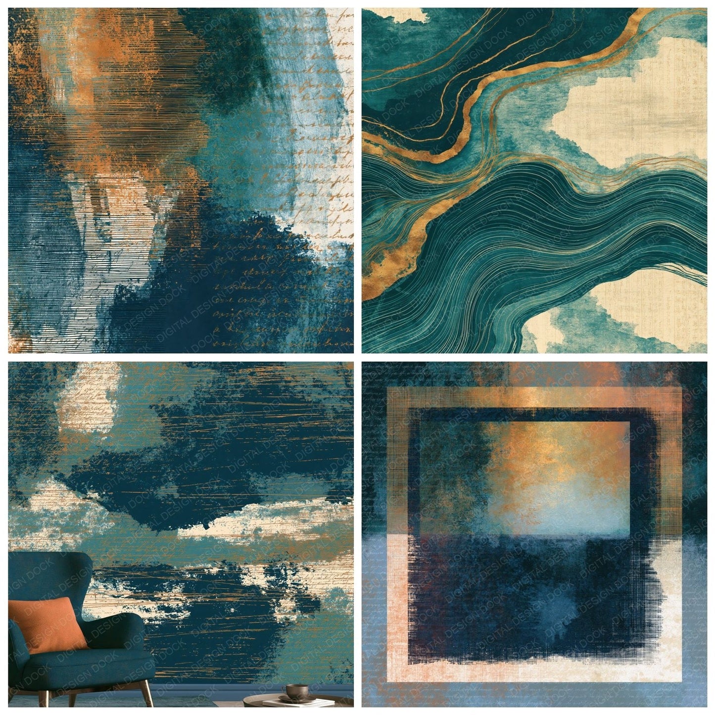 Etching Teal Bone Abstract Digital Paper Pack (DDD014207)