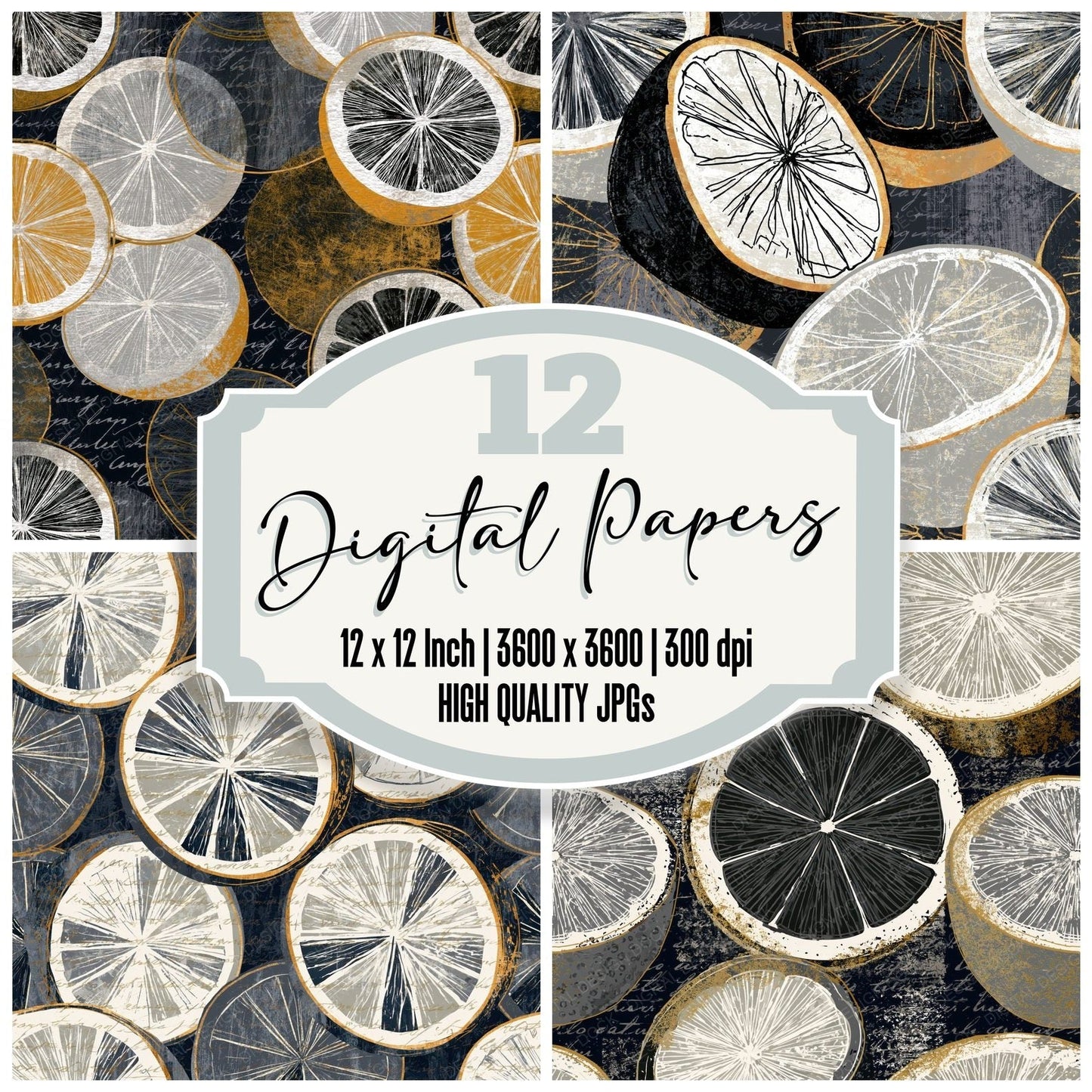 Scratchboard Citrus Halves Dove Grey Digital Paper Pack (DDD014211)