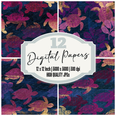 Scratchboard Turtles Rose Wine Navy Digital Paper Pack (DDD014214)