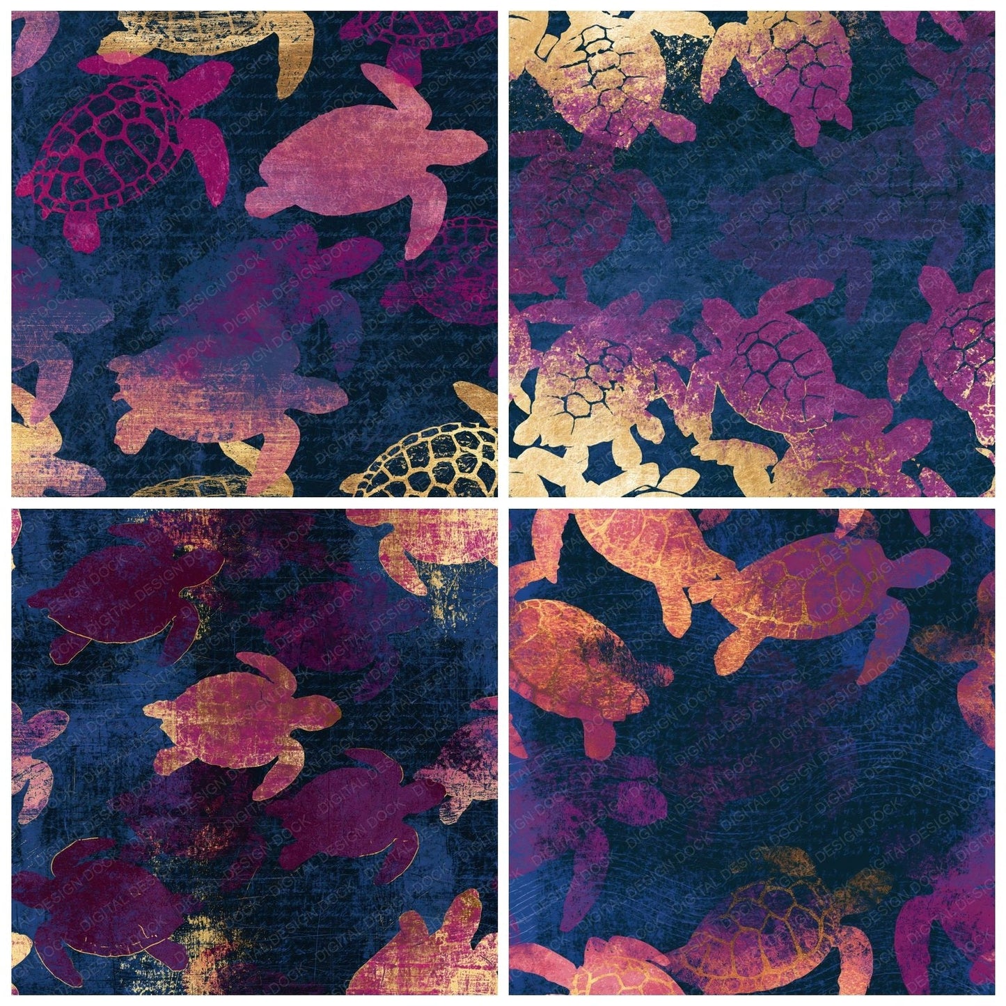 Scratchboard Turtles Rose Wine Navy Digital Paper Pack (DDD014214)