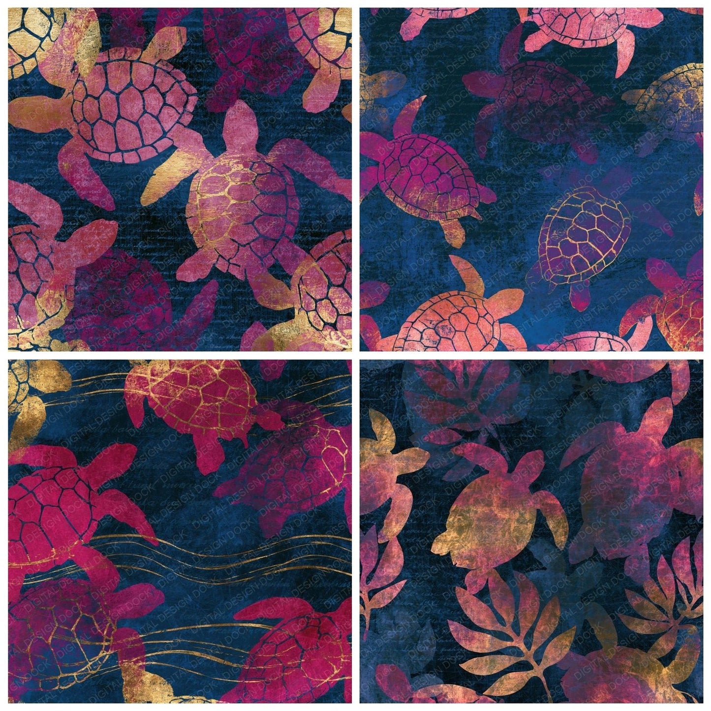 Scratchboard Turtles Rose Wine Navy Digital Paper Pack (DDD014214)