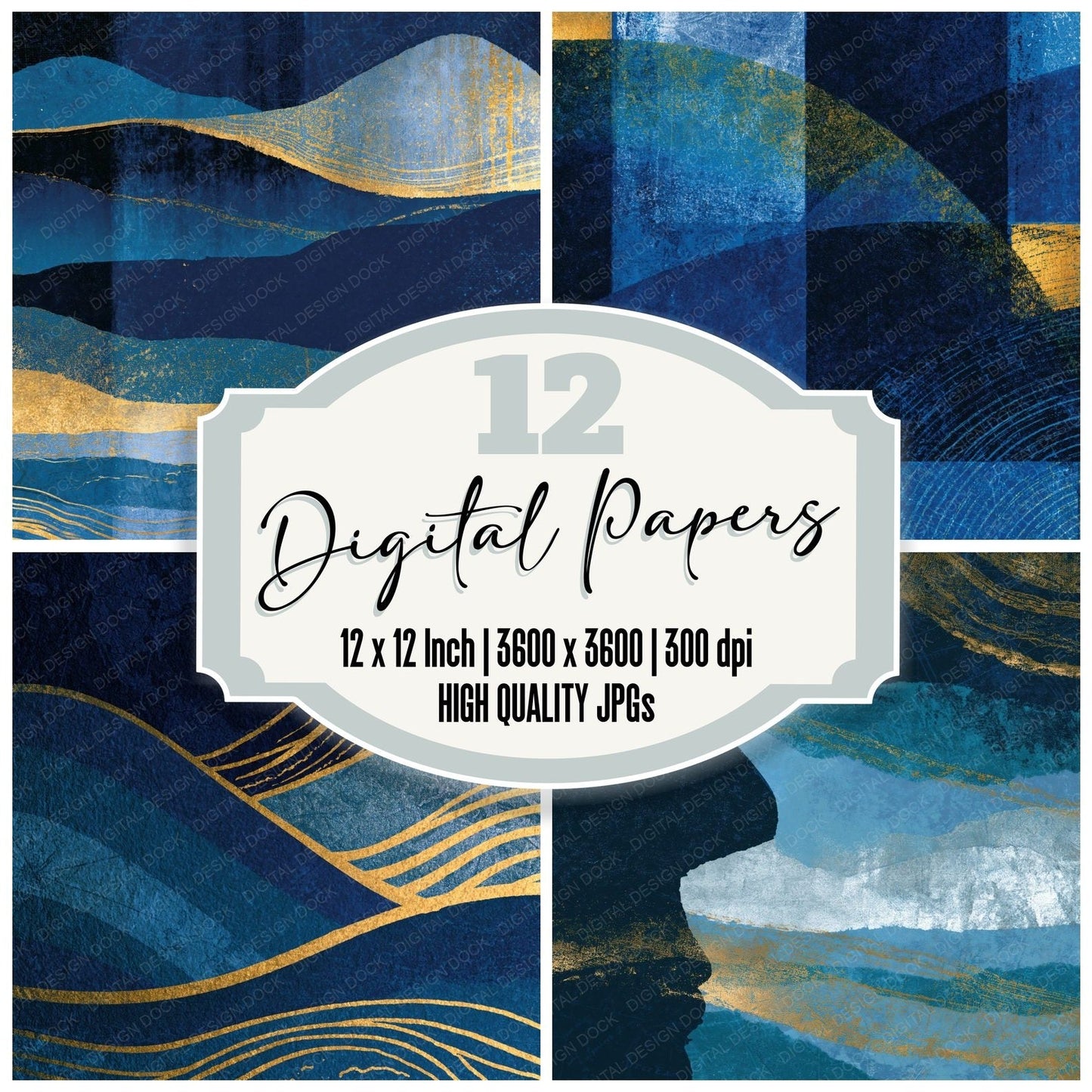 Screenprint Midnight Silver Navy Abstract Digital Paper Pack (DDD014216)