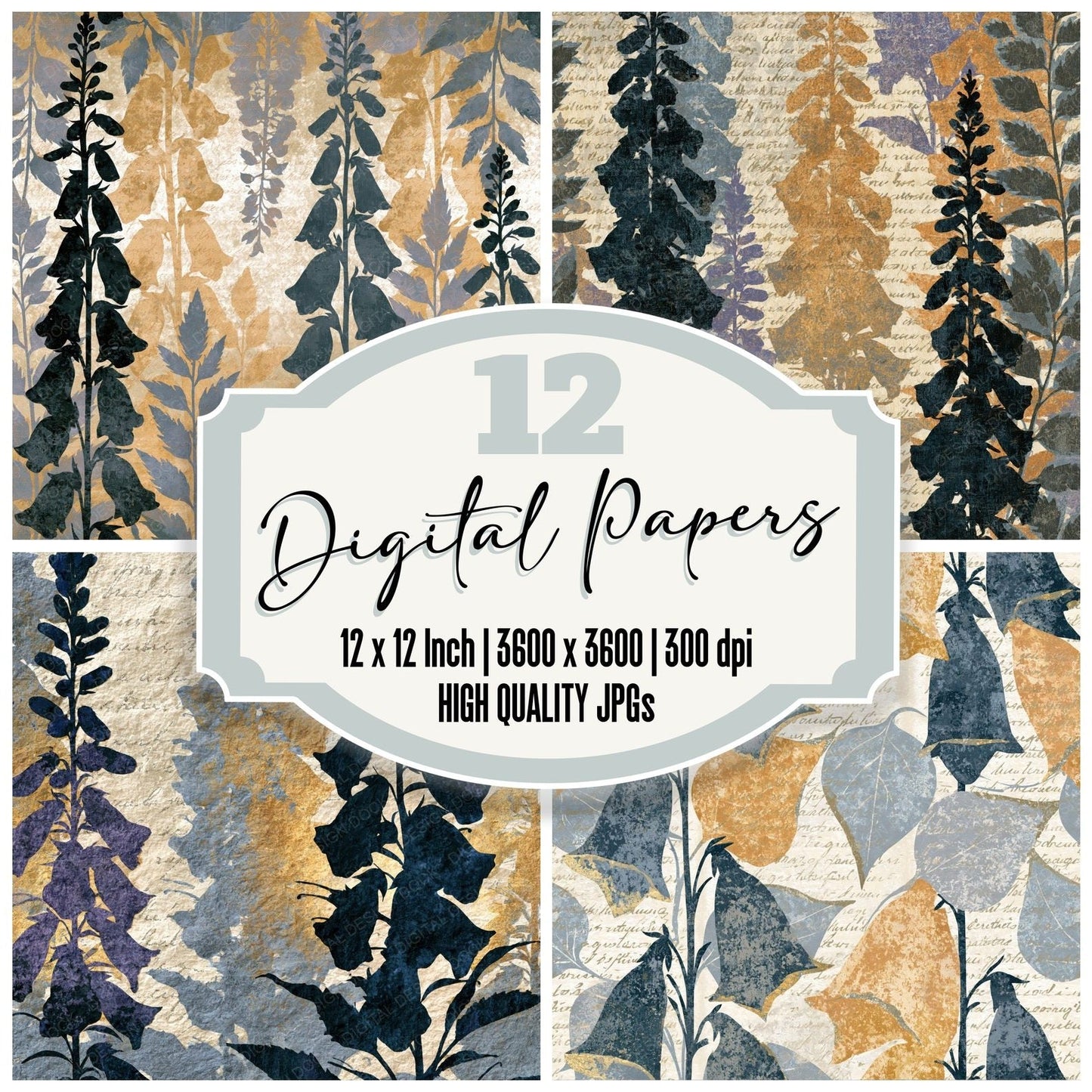 Woodblock Foxgloves Oyster Grey Digital Paper Pack (DDD014220)