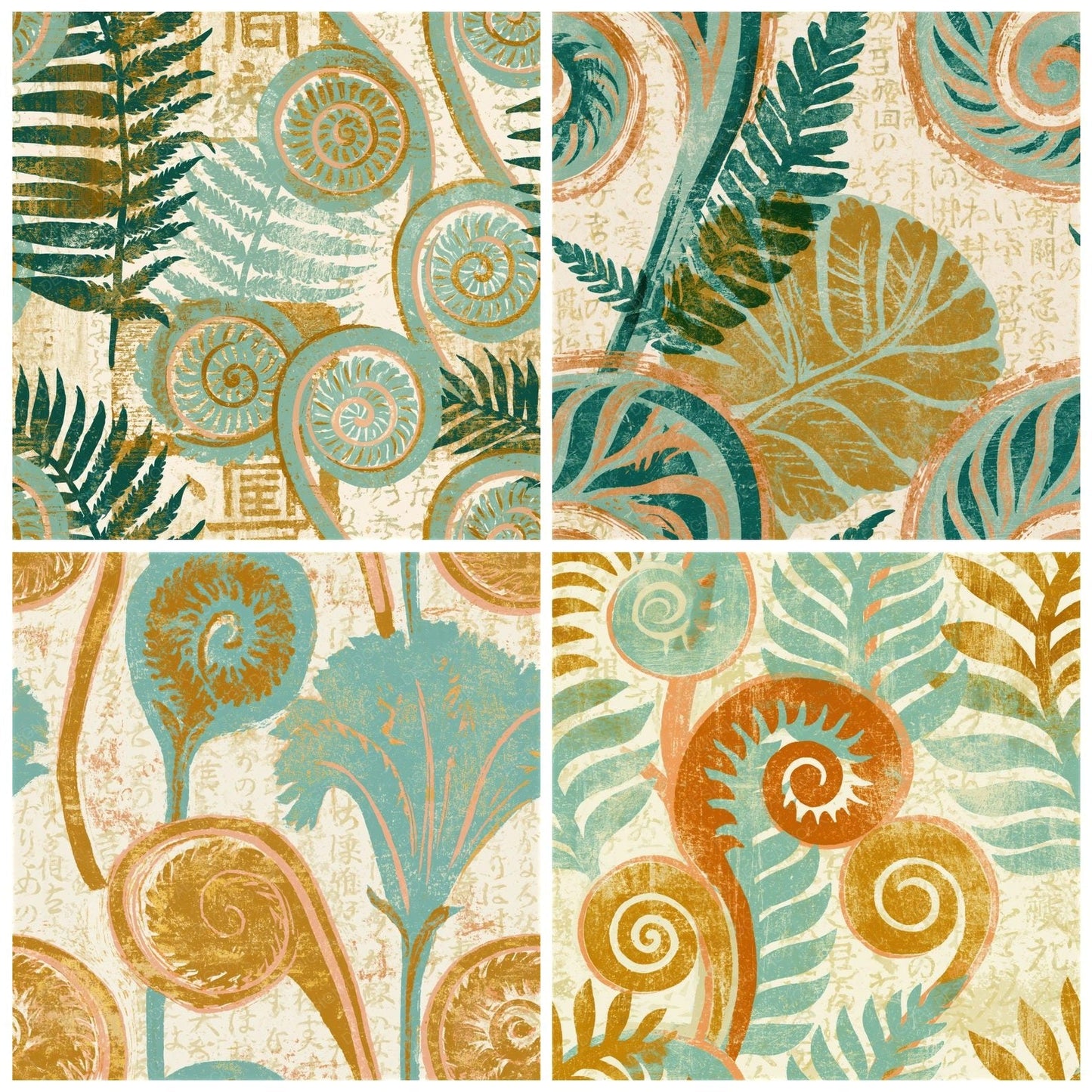 Woodcut Fiddlehead Fern Mint Gold Seamless Digital Paper Pack (DDD014222)