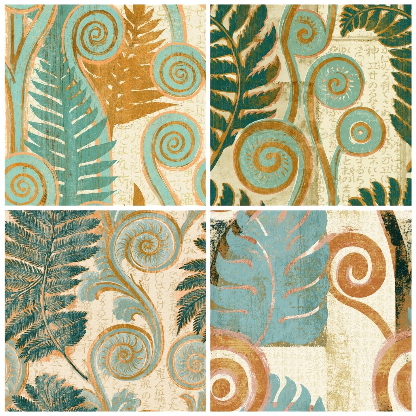 Woodcut Fiddlehead Fern Mint Gold Seamless Digital Paper Pack (DDD014222)