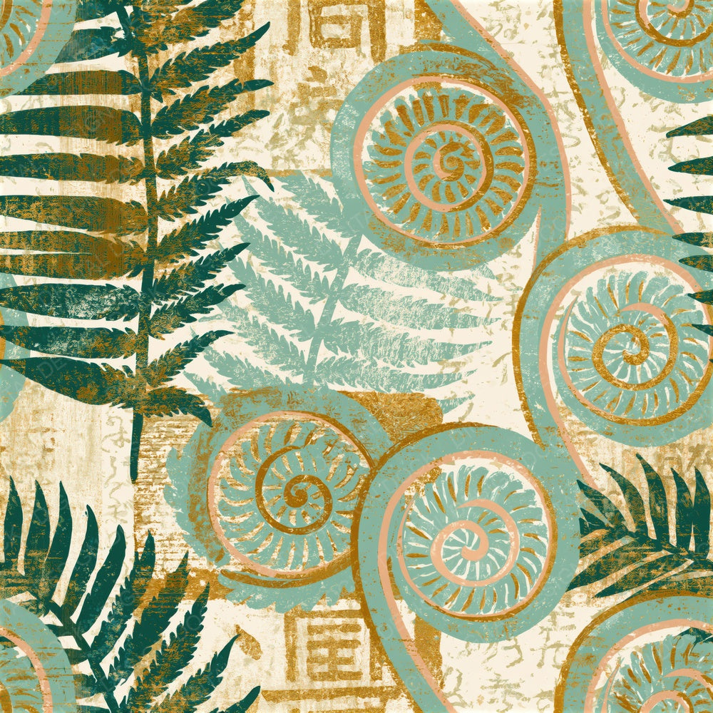 Woodcut Fiddlehead Fern Mint Gold Seamless Digital Paper Pack (DDD014222)