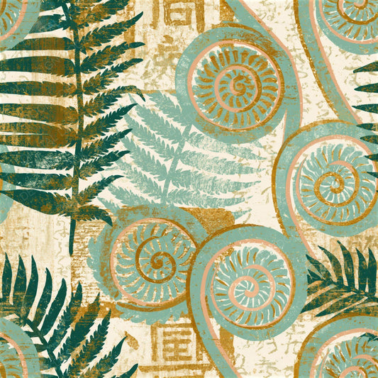 Woodcut Fiddlehead Fern Mint Gold Seamless Digital Paper Pack (DDD014222)