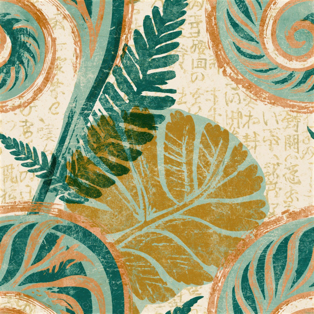 Woodcut Fiddlehead Fern Mint Gold Seamless Digital Paper Pack (DDD014222)