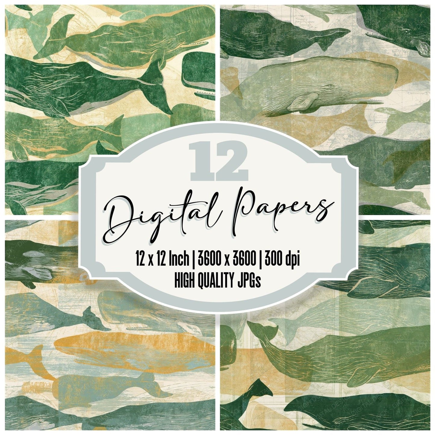 Etching Sperm Whales Sage Butter Seamless Digital Paper Pack (DDD014229)
