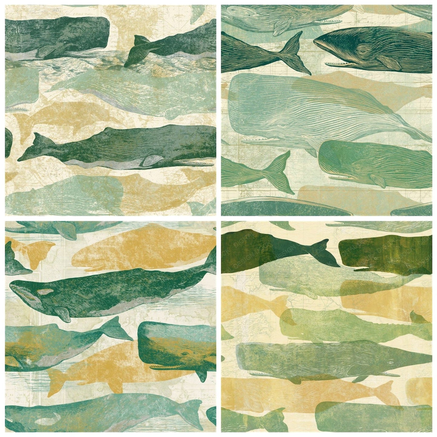 Etching Sperm Whales Sage Butter Seamless Digital Paper Pack (DDD014229)