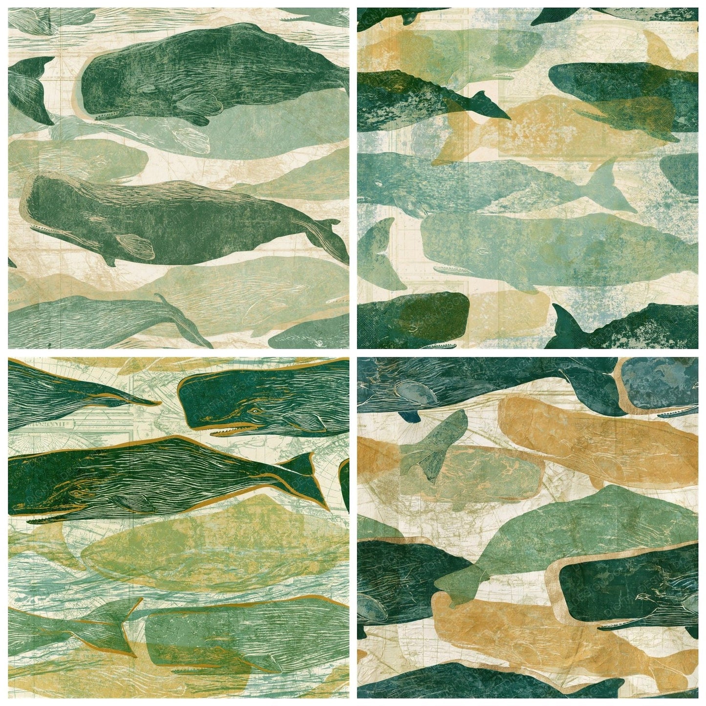 Etching Sperm Whales Sage Butter Seamless Digital Paper Pack (DDD014229)