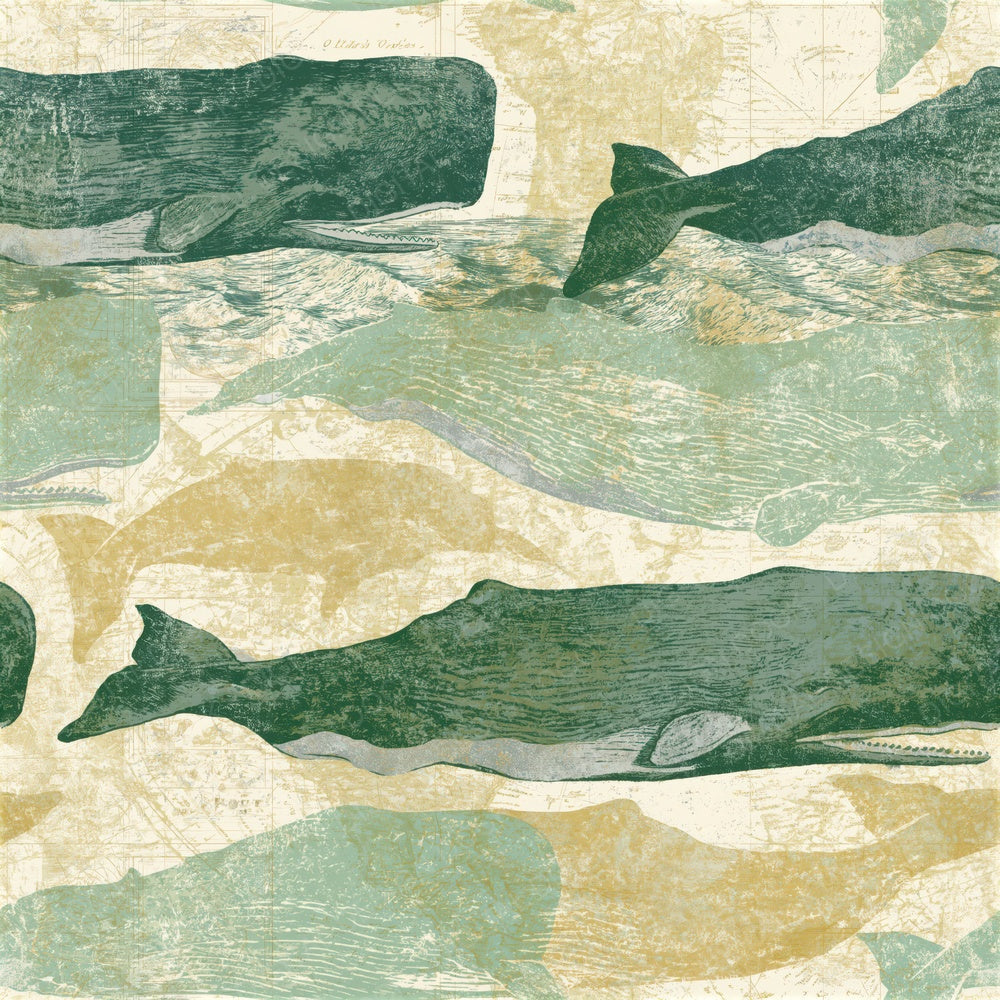 Etching Sperm Whales Sage Butter Seamless Digital Paper Pack (DDD014229)