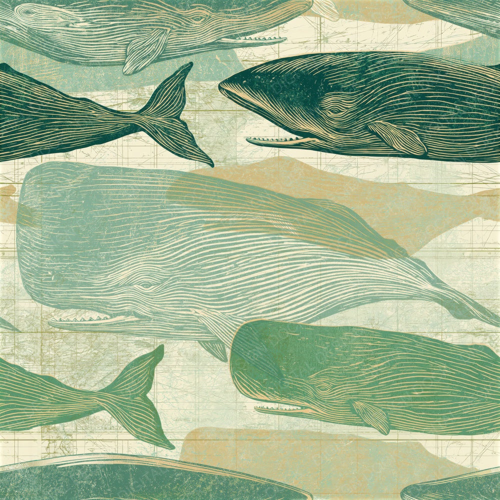 Etching Sperm Whales Sage Butter Seamless Digital Paper Pack (DDD014229)